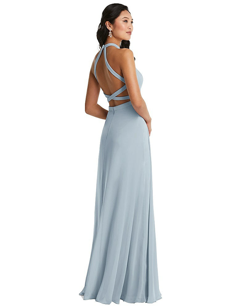 DESSY COLLECTION STAND COLLAR HALTER MAXI DRESS WITH CRISS CROSS OPEN-BACK