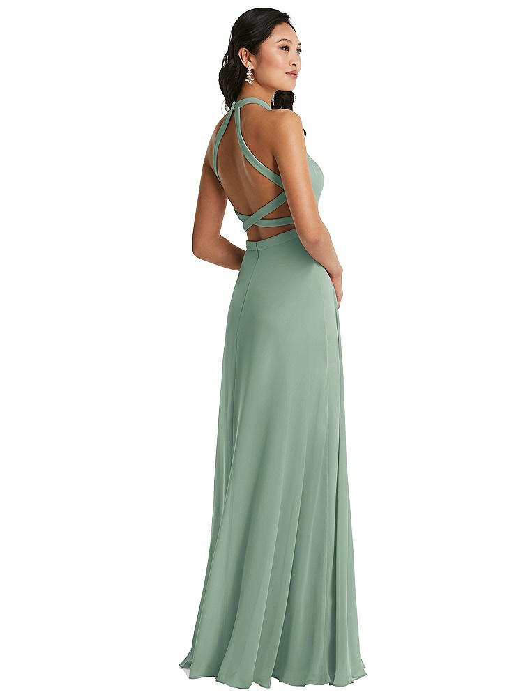Dessy Collection Stand Collar Halter Maxi Dress With Criss Cross Open-back