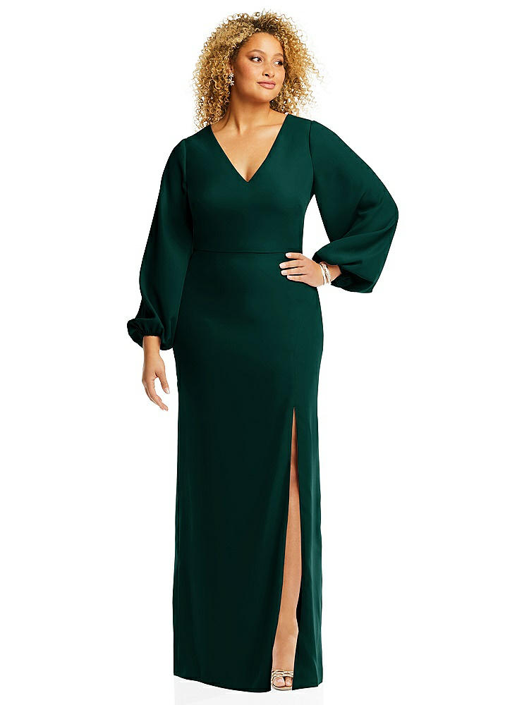 Dessy Collection Long Puff Sleeve V-neck Trumpet Gown
