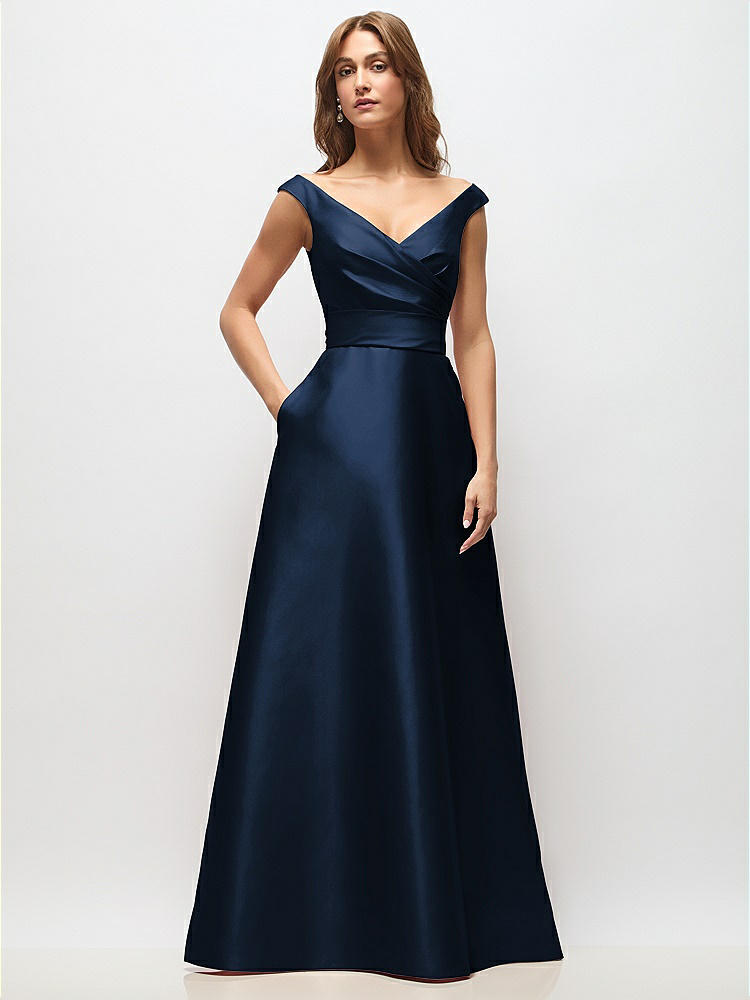 Alfred Sung Draped One-shoulder Satin Maxi Dress With Pockets In Blue