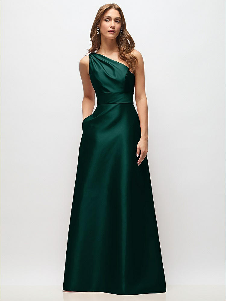 Alfred Sung Draped One-shoulder Satin Maxi Dress With Pockets In Gray