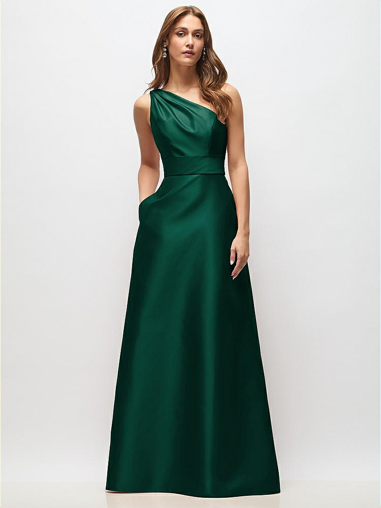 Alfred Sung Draped One-shoulder Satin Maxi Dress With Pockets In Blue