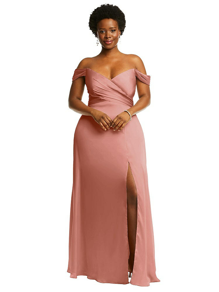 Dessy Collection Off-the-shoulder Flounce Sleeve Empire Waist Gown With Front Slit In Pink