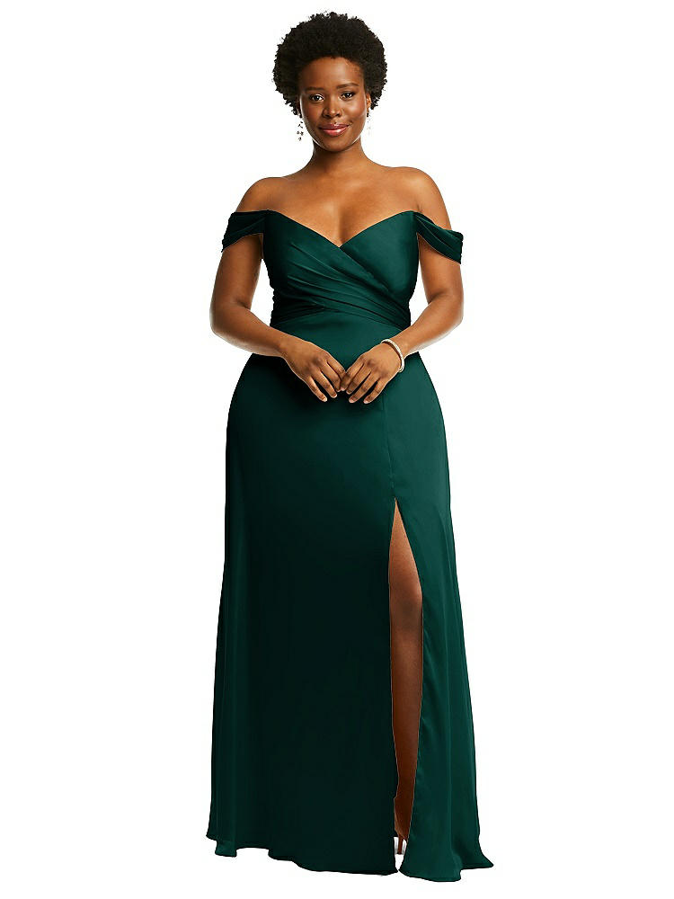 DESSY COLLECTION OFF-THE-SHOULDER FLOUNCE SLEEVE EMPIRE WAIST GOWN WITH FRONT SLIT