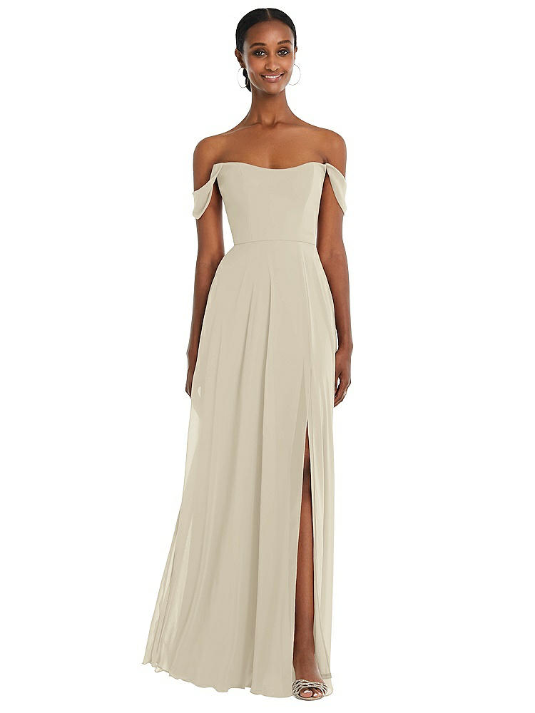 AFTER SIX OFF-THE-SHOULDER BASQUE NECK MAXI DRESS WITH FLOUNCE SLEEVES 