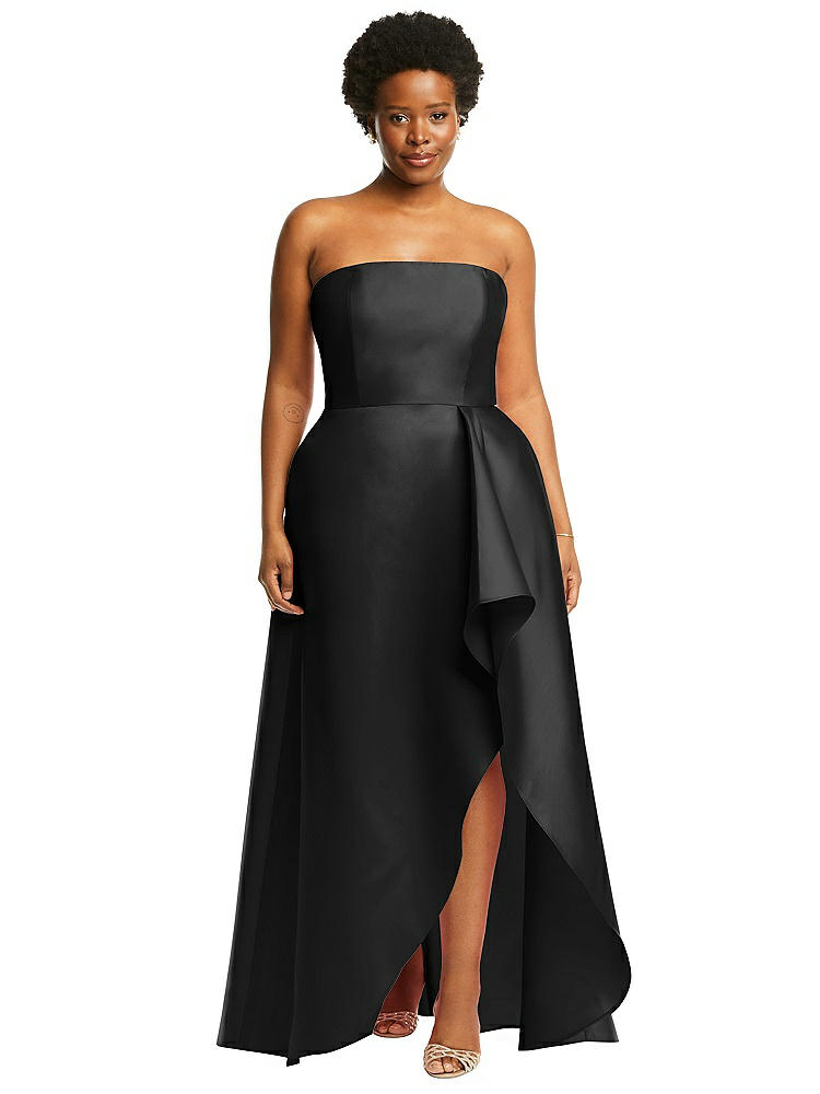 Alfred Sung Strapless Satin Gown With Draped Front Slit And Pockets