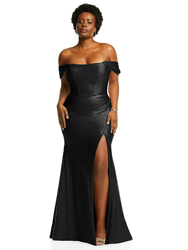 Cynthia & Sahar Off-the-shoulder Corset Stretch Satin Mermaid Dress With Slight Train In Black