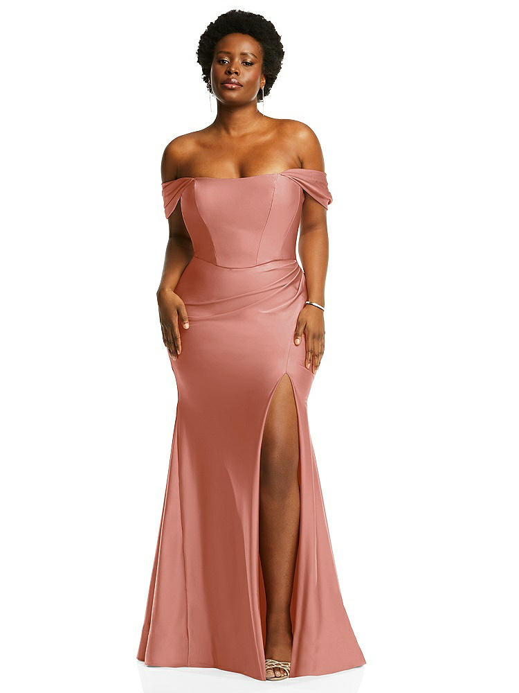 Cynthia & Sahar Off-the-shoulder Corset Stretch Satin Mermaid Dress With Slight Train In Pink