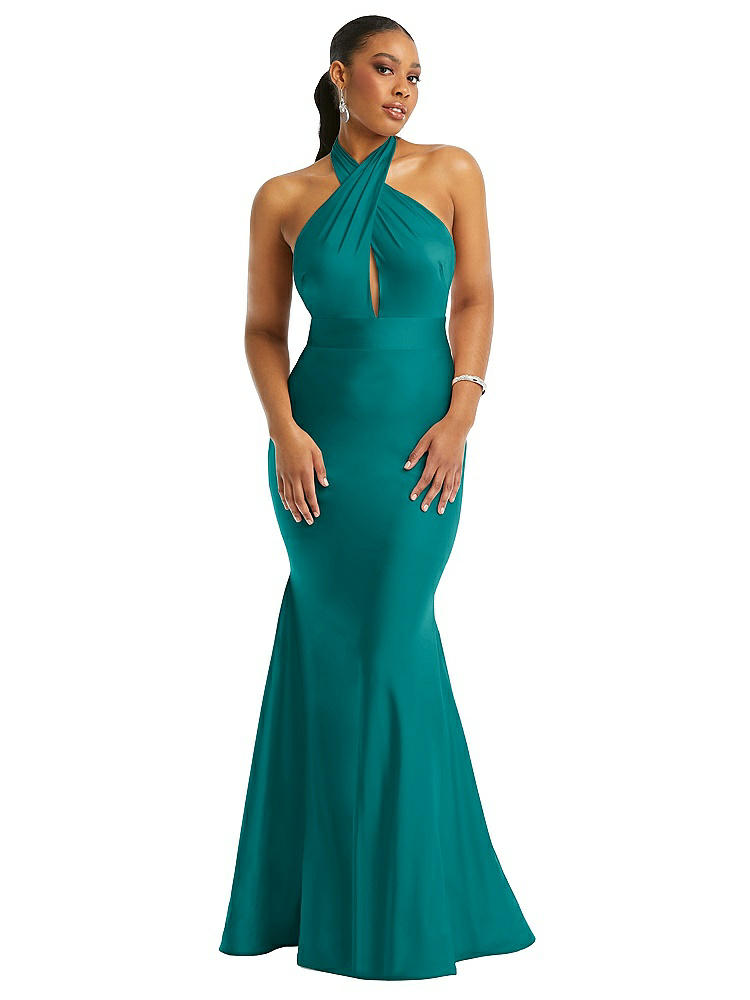 Cynthia & Sahar Criss Cross Halter Open-back Stretch Satin Mermaid Dress