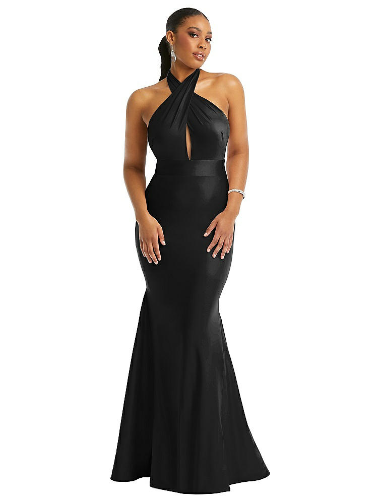 Cynthia & Sahar Criss Cross Halter Open-back Stretch Satin Mermaid Dress