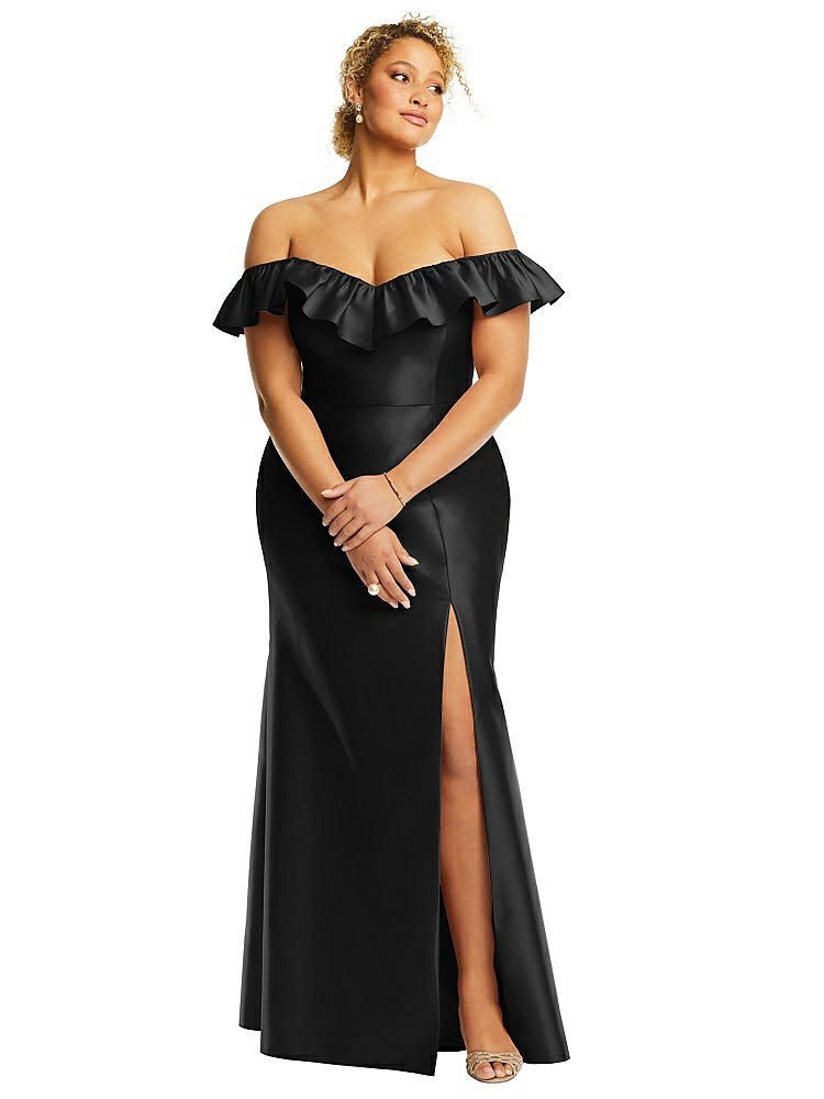 Alfred Sung Off The Shoulder Ruffle Satin Trumpet Gown In Black