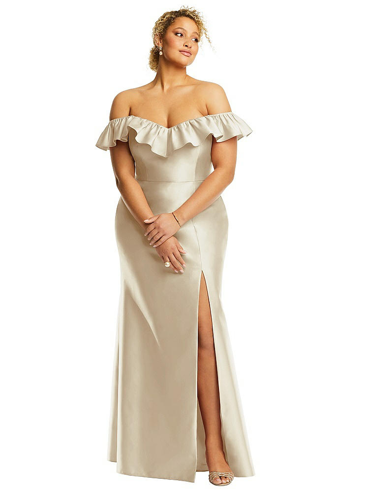 Alfred Sung Off-the-shoulder Ruffle Neck Satin Trumpet Gown In Neutral