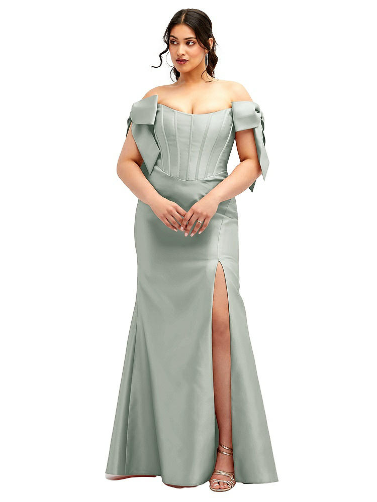 Alfred Sung Off The Shoulder Bow Corset Satin Trumpet Gown