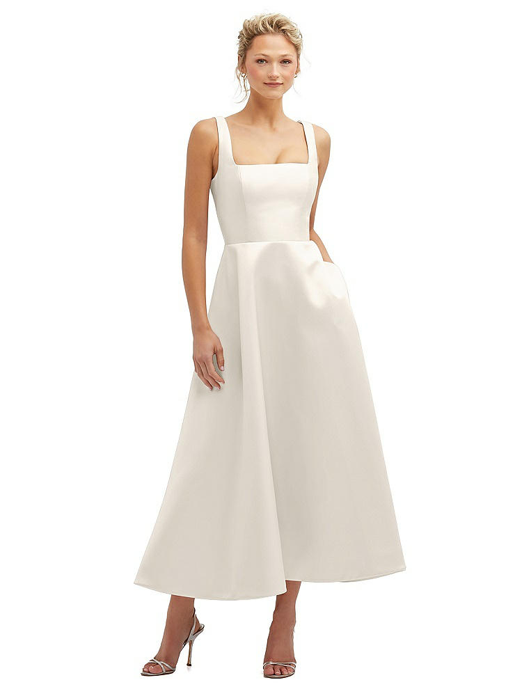 Dessy Collection Square Neck Satin Midi Dress With Full Skirt & Pockets