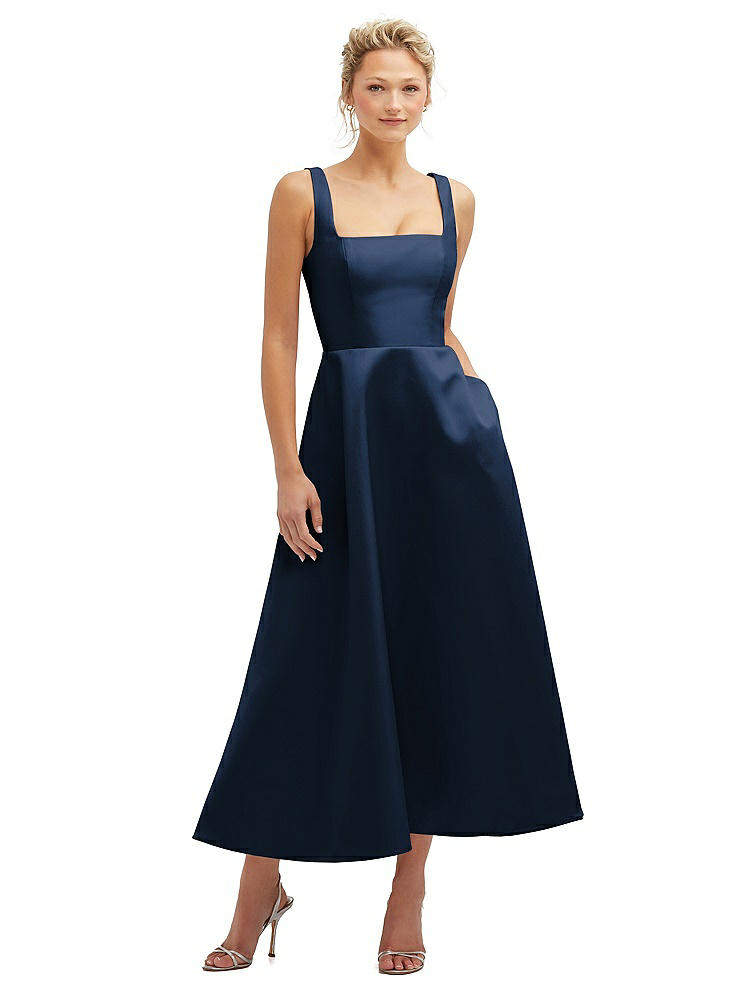 DESSY COLLECTION SQUARE NECK SATIN MIDI DRESS WITH FULL SKIRT & POCKETS