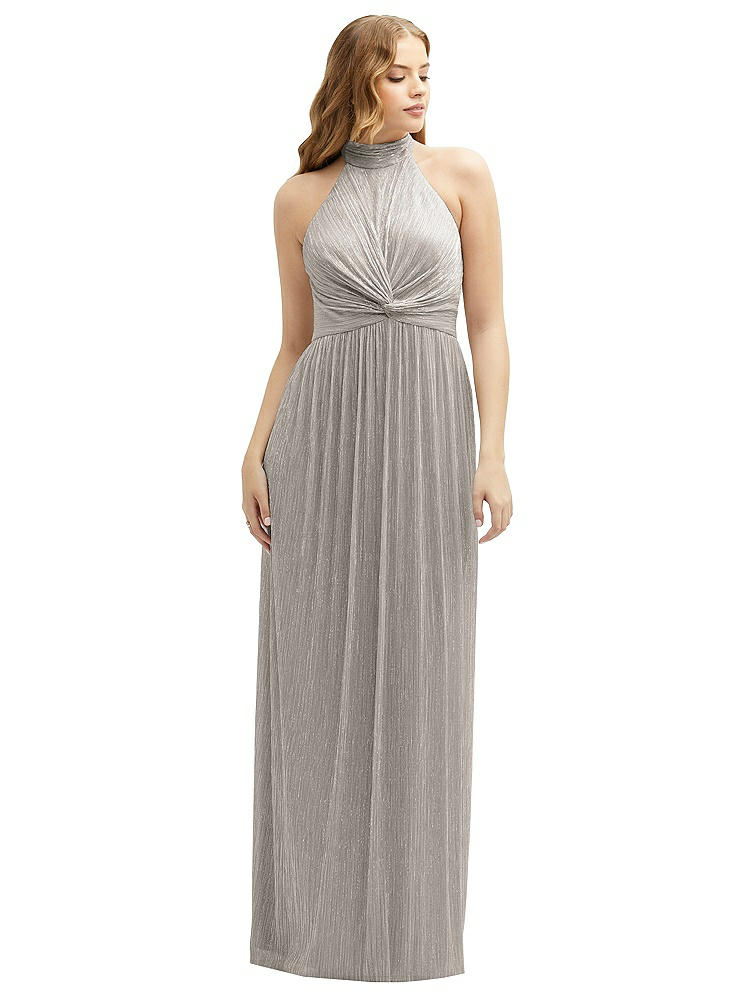 After Six Womens Band Collar Halter Open-back Metallic Pleated Maxi Dress