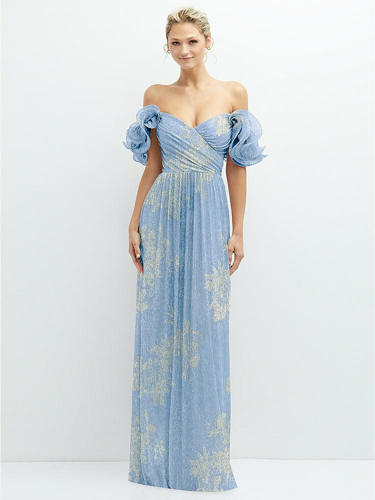 Shop After Six Dramatic Ruffle Edge Convertible Strap Metallic Pleated Maxi Dress With Floral Gold Foil Print