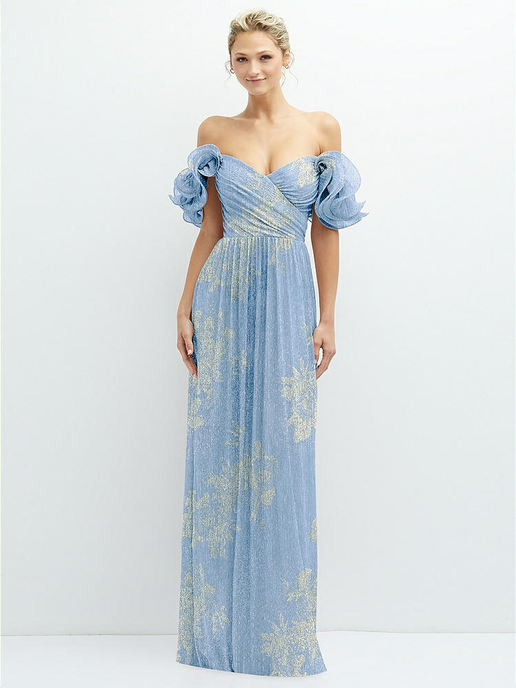 After Six Ruffle Off The Shoulder Metallic Column Gown