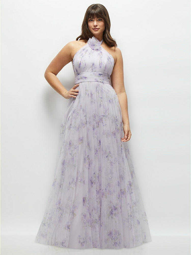 Dessy Collection Floral Tie-back Halter Tulle Dress With Long Full Skirt & Rosette Detail