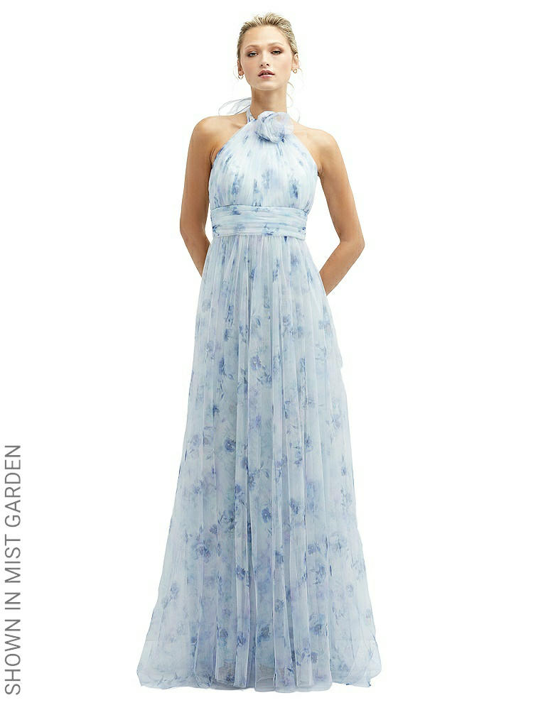 Shop Dessy Collection Floral Tie-back Halter Tulle Dress With Long Full Skirt & Rosette Detail