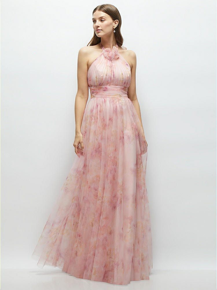 Shop Dessy Collection Floral Tie-back Halter Tulle Dress With Long Full Skirt & Rosette Detail