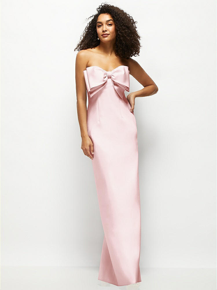 Alfred Sung Strapless Satin Column Maxi Dress With Oversized Handcrafted Bow In Pink