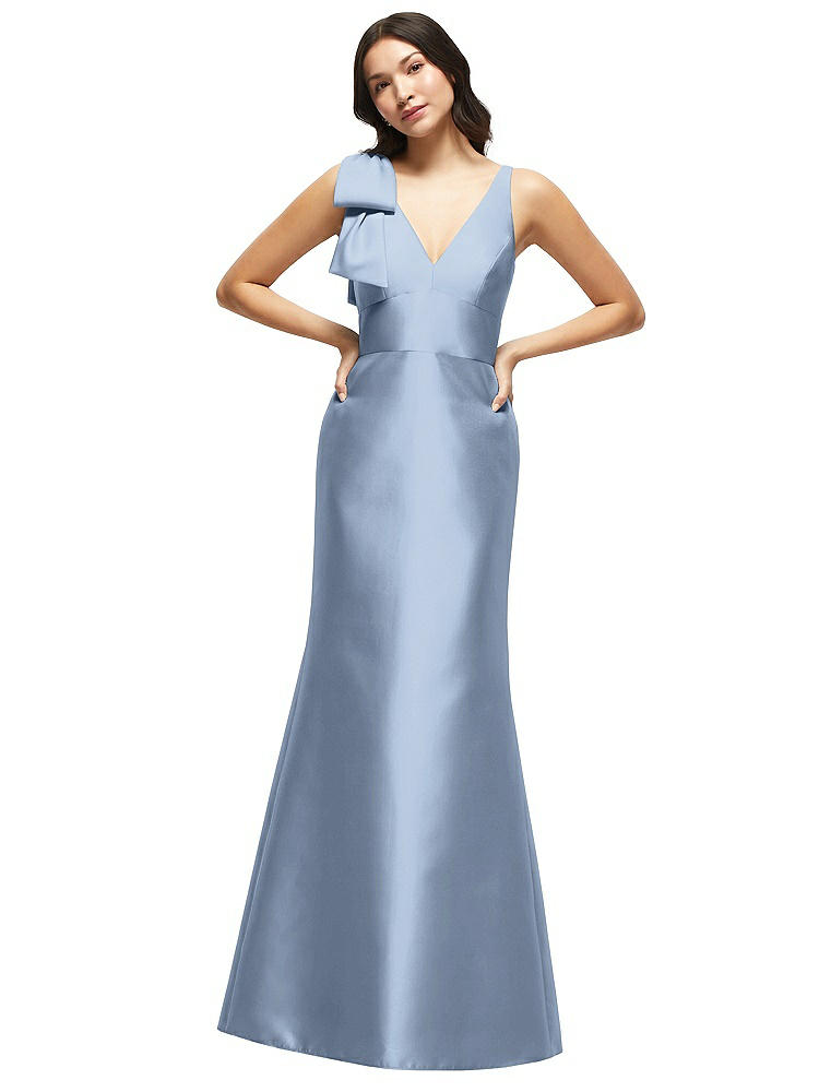 Alfred Sung Deep V-back Satin Trumpet Dress With Cascading Bow At One Shoulder