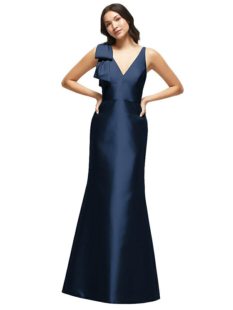Alfred Sung Deep V-back Satin Trumpet Dress With Cascading Bow At One Shoulder