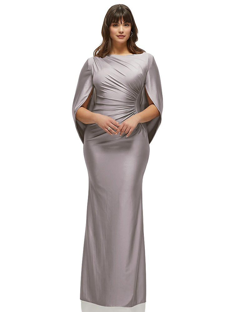 After Six Cape Sleeve Satin Gown In Cashmere Gray