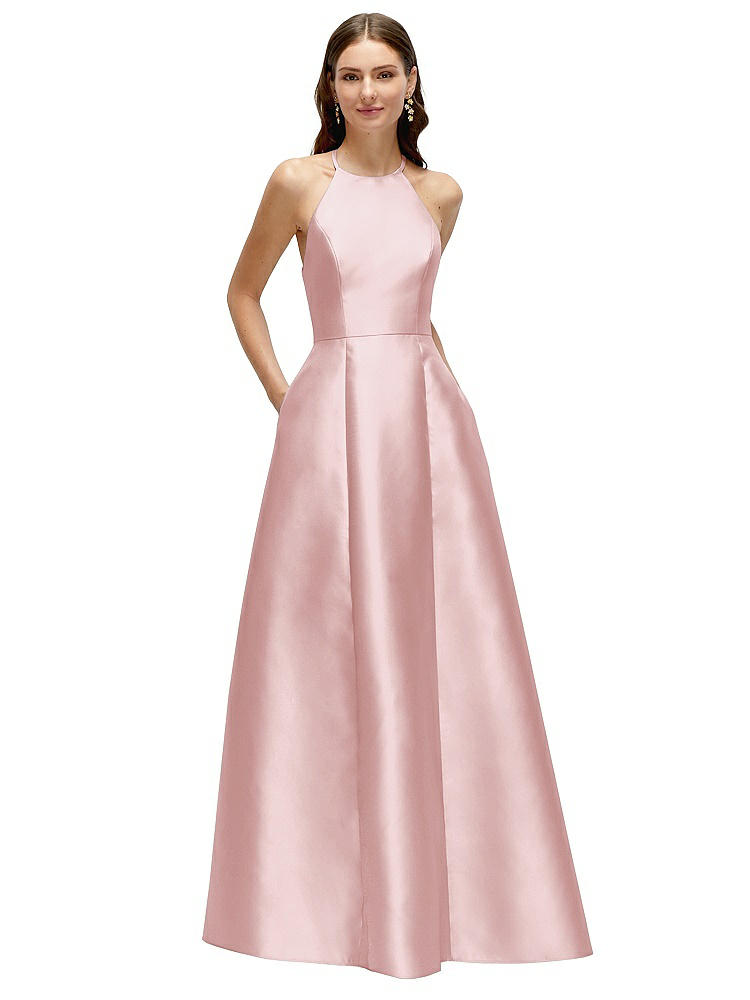 Alfred Sung Jewel Neck Halter Full A-line Satin Maxi Dress