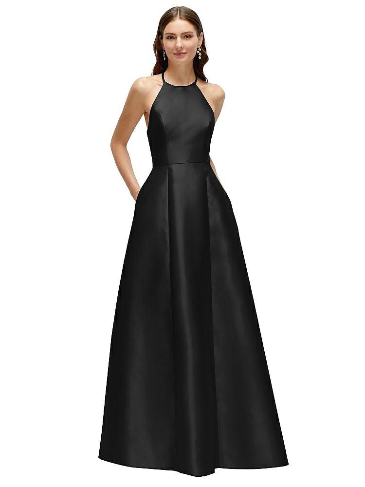 Alfred Sung Jewel Neck Halter Full A-line Satin Maxi Dress
