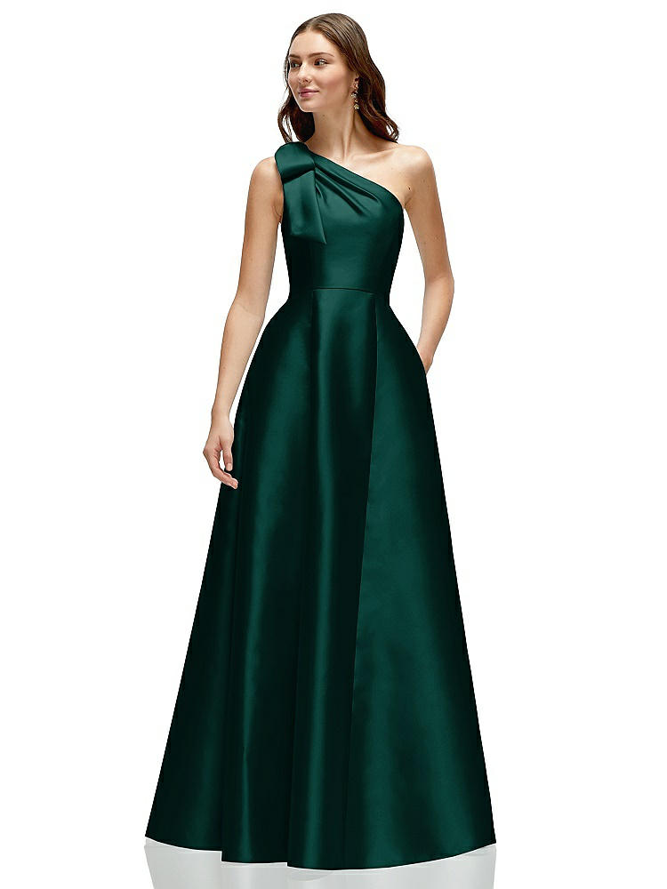 Alfred Sung Bow One-shoulder Full A-line Satin Maxi Dress