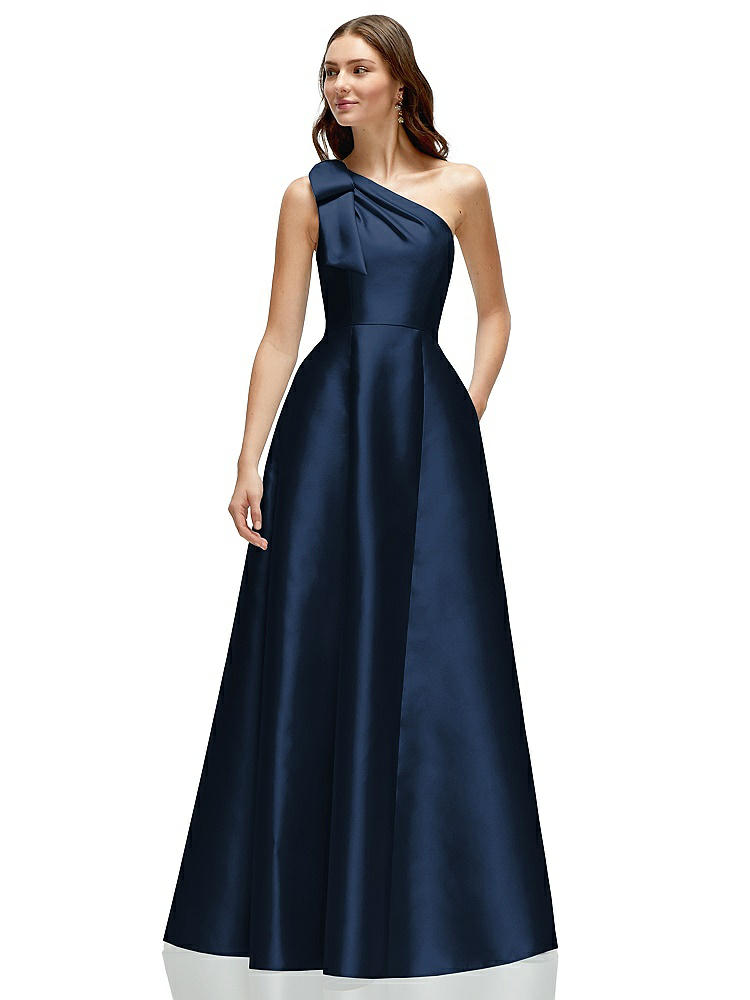 Shop Alfred Sung Bow One-shoulder Full A-line Satin Maxi Dress