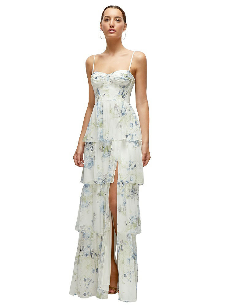 DESSY COLLECTION BUSTIER-STYLE CHIFFON TIERED RUFFLE MAXI DRESS WITH ADJUSTABLE STRAPS