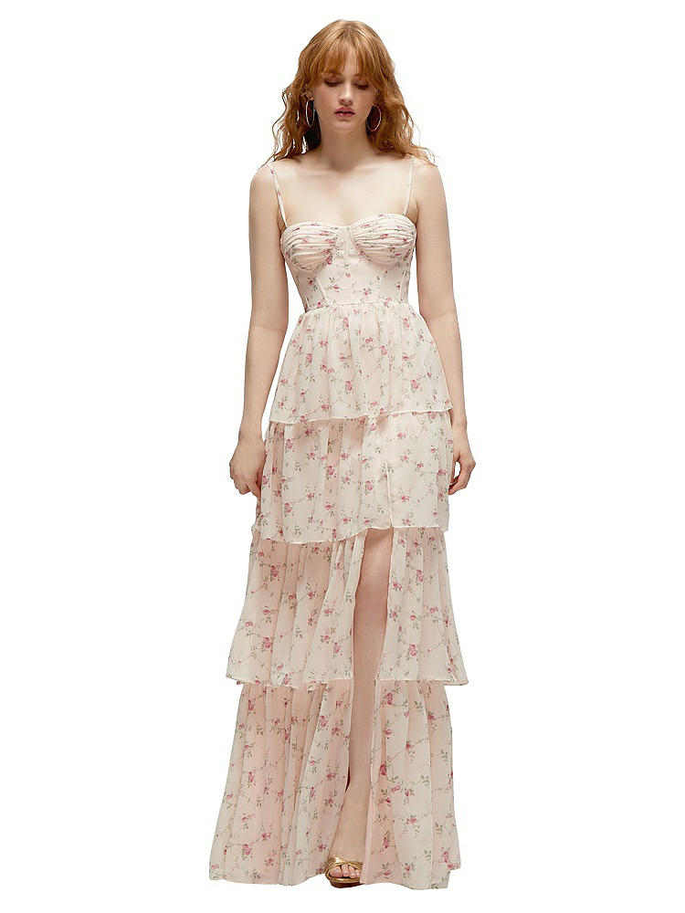 DESSY COLLECTION BUSTIER-STYLE CHIFFON TIERED RUFFLE MAXI DRESS WITH ADJUSTABLE STRAPS