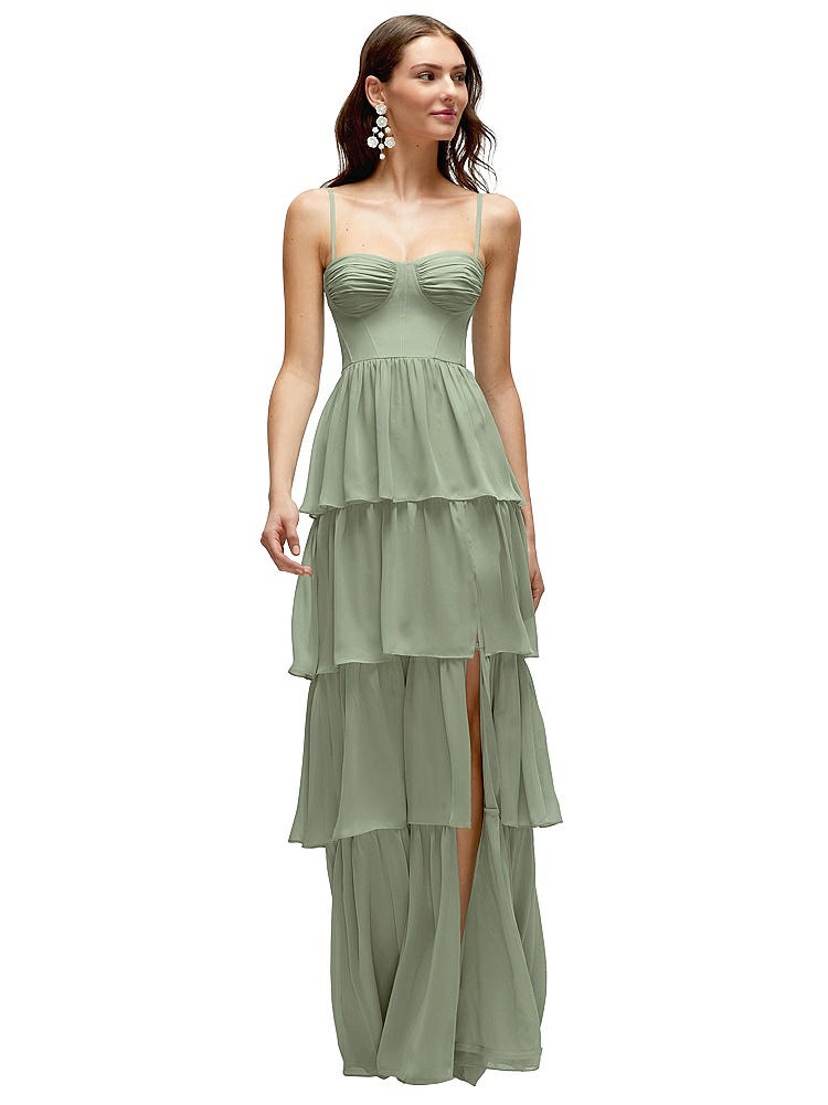 DESSY COLLECTION BUSTIER-STYLE CHIFFON TIERED RUFFLE MAXI DRESS WITH ADJUSTABLE STRAPS