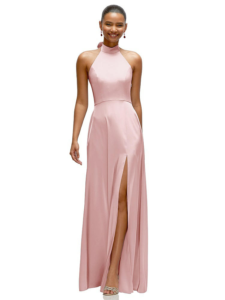 1500 Series Band Collar Halter Open Back Fluid Satin Maxi Dress With Self-tie Bow