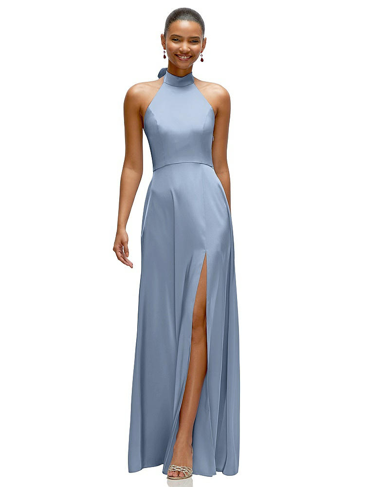 1500 Series Band Collar Halter Open Back Fluid Satin Maxi Dress With Self-tie Bow