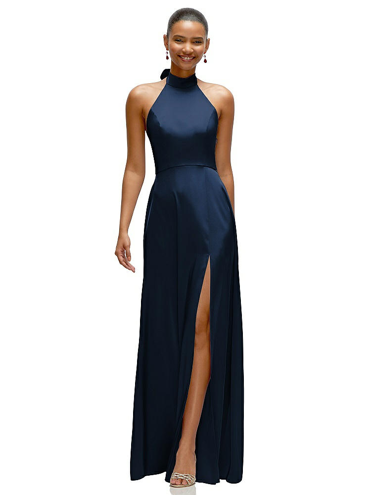 1500 Series Band Collar Halter Open Back Fluid Satin Maxi Dress With Self-tie Bow
