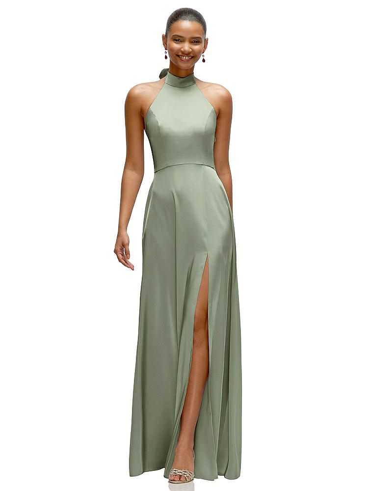 1500 Series Band Collar Halter Open Back Fluid Satin Maxi Dress With Self-tie Bow