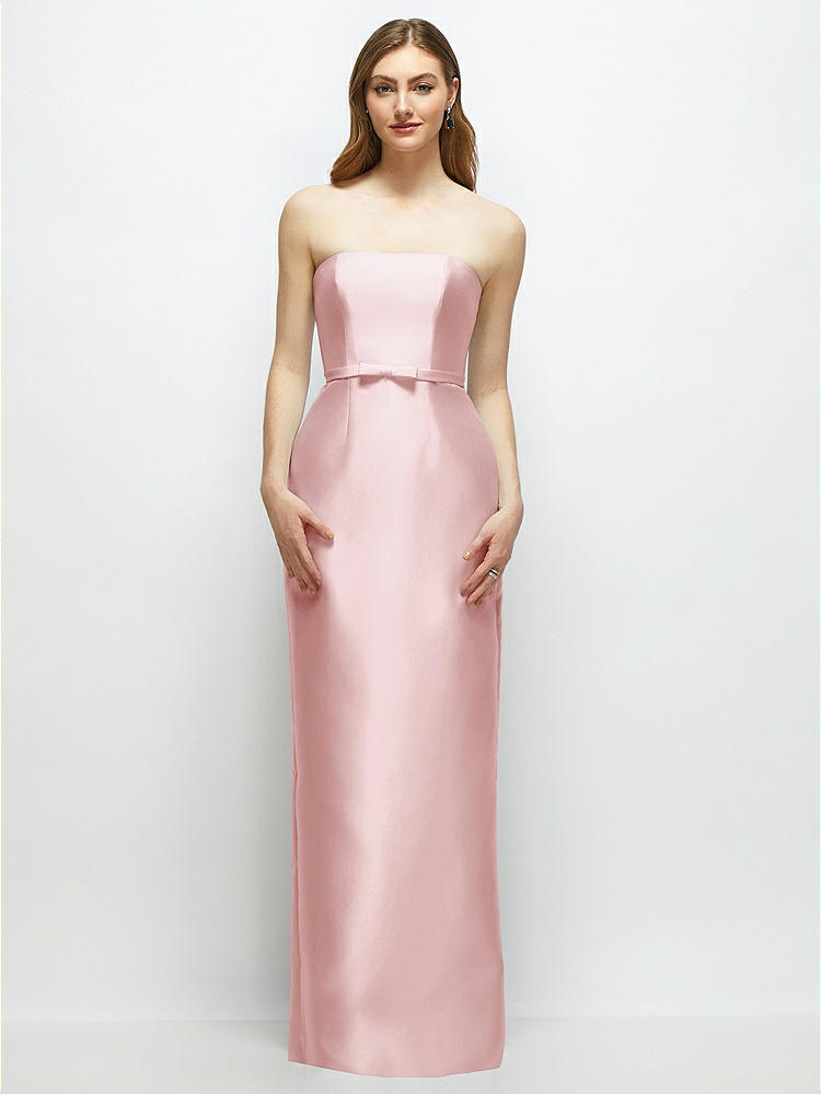Alfred Sung Strapless Satin Column Dress With Bow-trimmed Skinny Belt