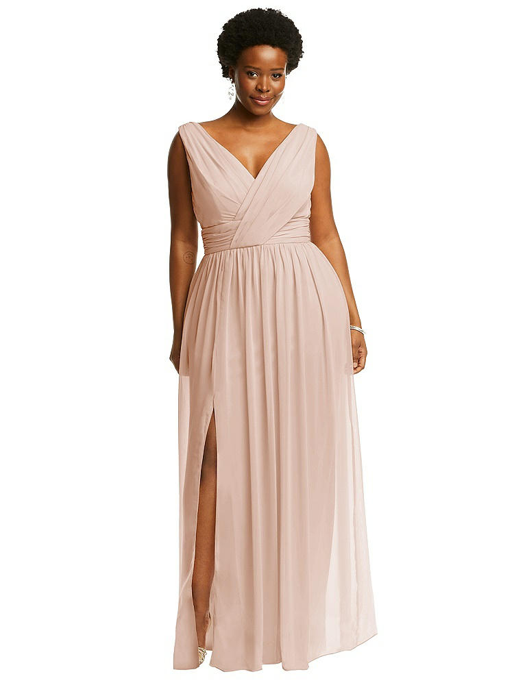 Dessy Collection Sleeveless Draped Chiffon Maxi Dress With Front Slit In Pink