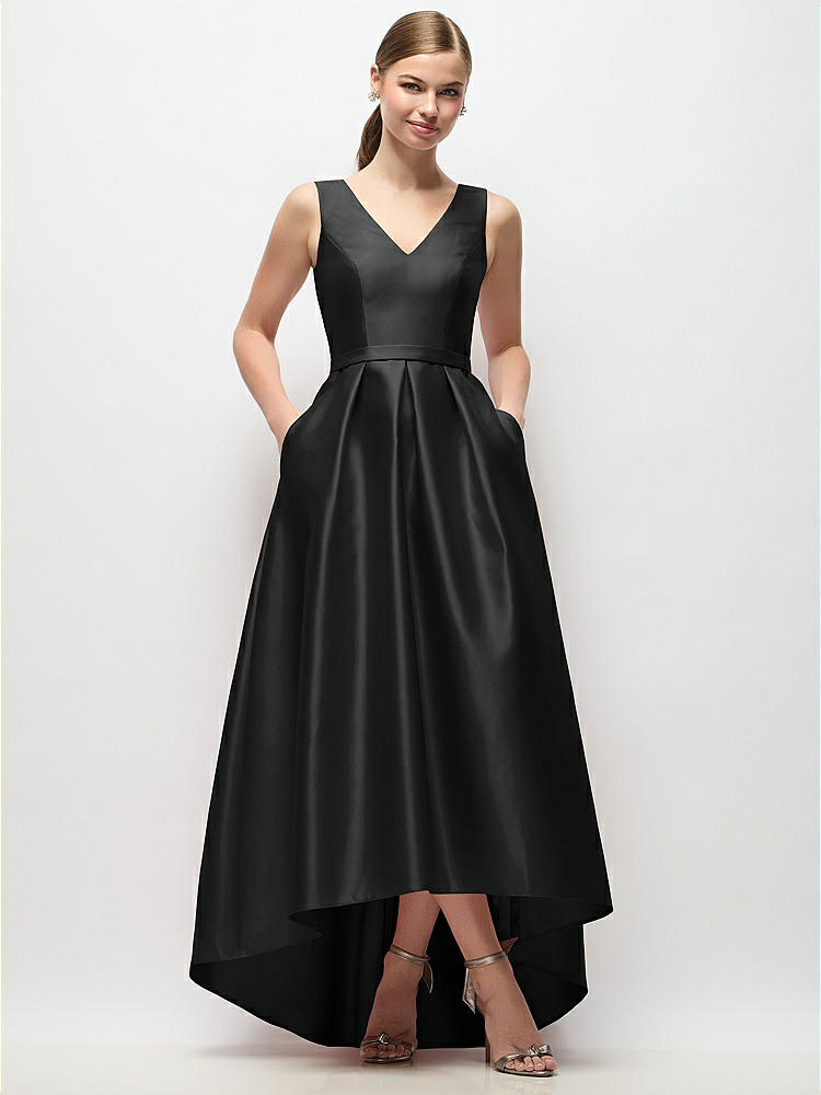 Alfred Sung Sleeveless Pleated Skirt High Low Dress With Pockets In Black