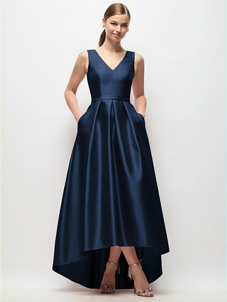 Alfred Sung Sleeveless Pleated Skirt High Low Dress With Pockets In Blue