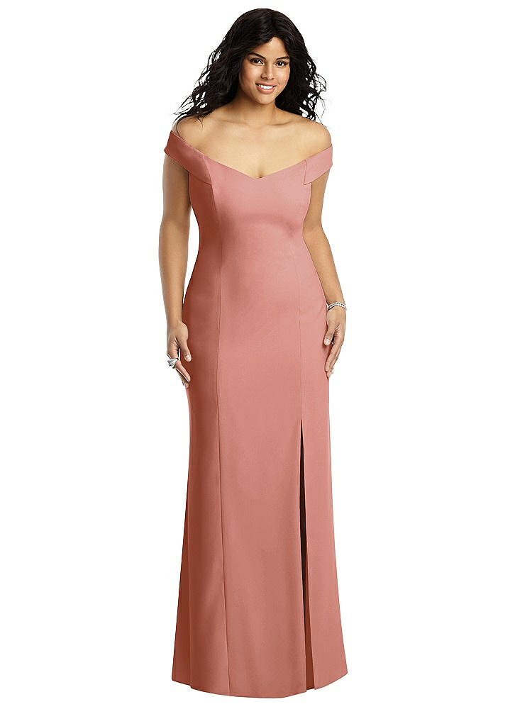 DESSY COLLECTION OFF-THE-SHOULDER CRISS CROSS BACK TRUMPET GOWN
