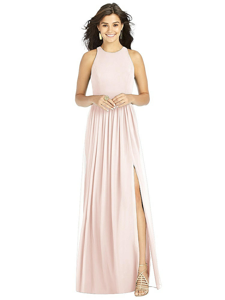 Shirred Skirt Jewel Neck Halter Dress with Front Slit in Pink