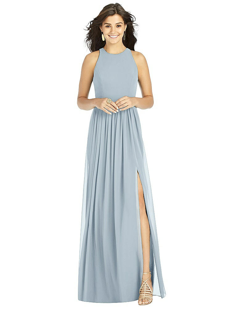 Thread Bridesmaid Shirred Skirt Jewel Neck Halter Dress With Front Slit