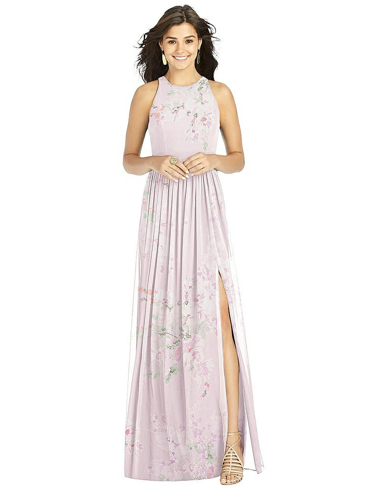 Thread Bridesmaid Shirred Skirt Jewel Neck Halter Dress With Front Slit