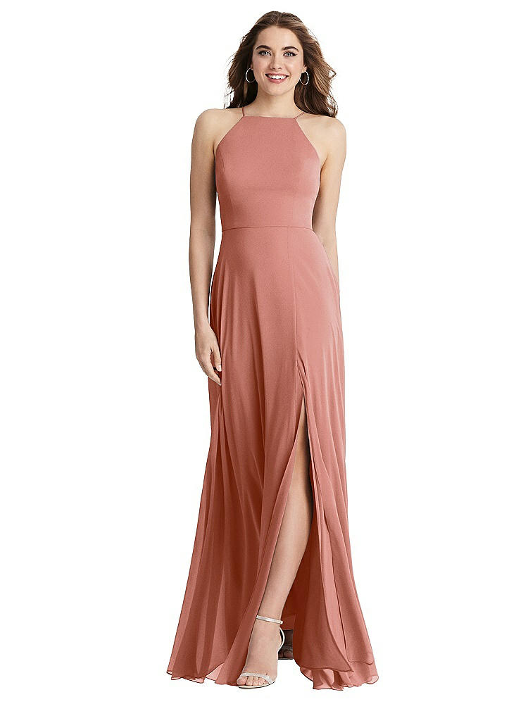 Lovely High Neck Chiffon Maxi Dress With Front Slit - Lela In Pink