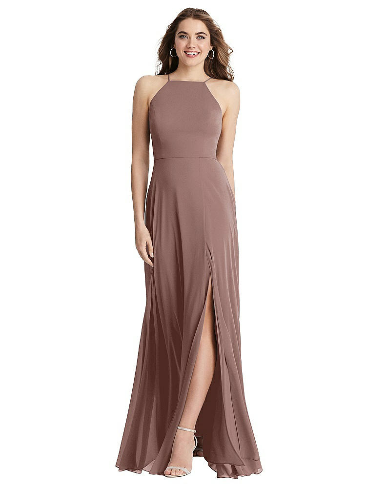 Lovely Lela High Neck Chiffon Maxi Dress With Front Slit In Sienna